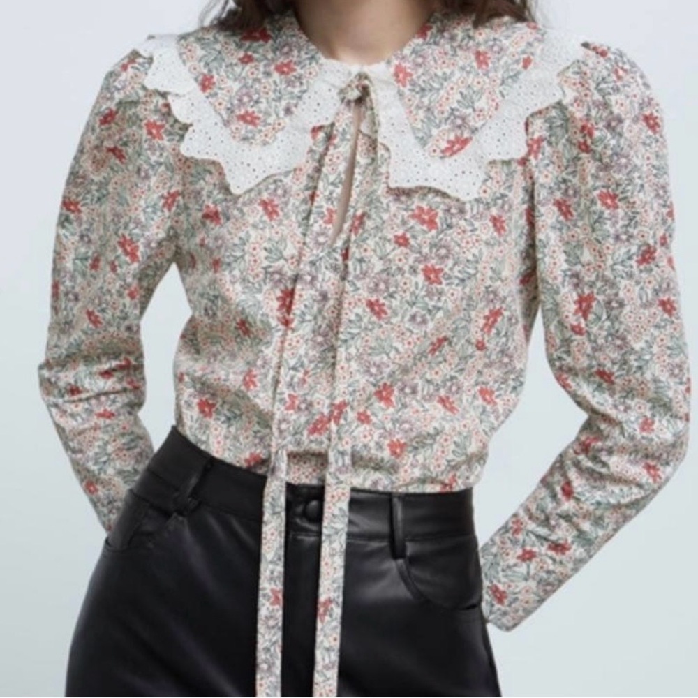 Zara Multicolor Floral Blouse with Lace Detail